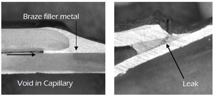 图8典型的钎焊接头截面，显示在接头顶部的BFM滞留。有时人们会在关节顶部建立起圆角(如图左所示)，认为这有助于使关节更强壮。图片由jwharton提供。